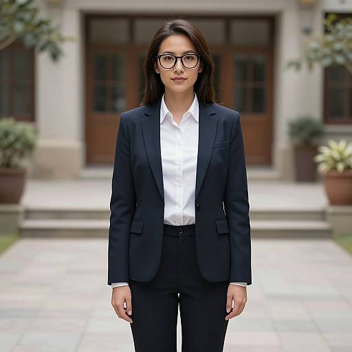 Photograph of an Asian woman with long black hair, glasses, black suit, white shirt, standing in front of a building with potted plants.