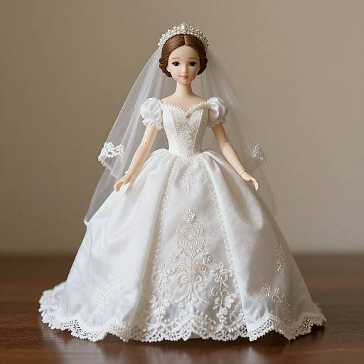 Photograph of a porcelain doll in an ornate white wedding dress with lace detailing, veil, and tiara, standing on a wooden surface.