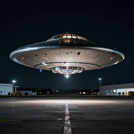 Silver Flying Saucer Lands at Night