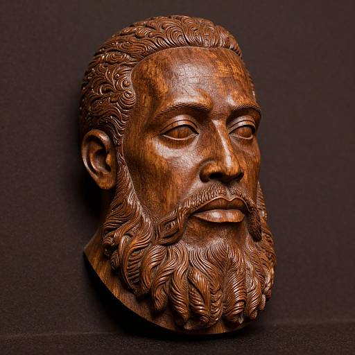 Photograph of a detailed, carved wooden bust of a bearded man with curly hair and expressive features, set against a black background.