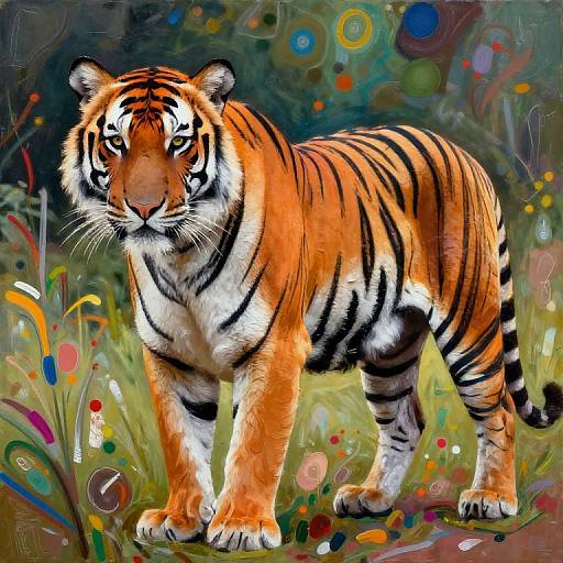 Vibrant digital painting of a majestic tiger with striking orange and black stripes, standing in a colorful, abstract forest background.
