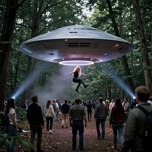 Photograph: A woman in black jumpsuit and leggings leaps into a hovering, futuristic silver UFO amidst a forest crowd. Blue lights and mist enhance the