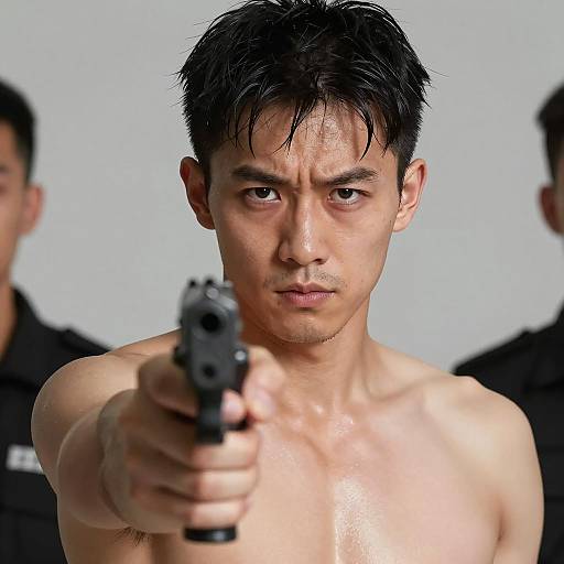 Intense Shirtless Man Pointing Gun