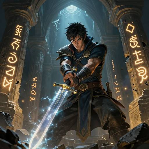 Digital art: Muscular, black-haired warrior in dark armor, holding glowing sword, stands in ancient, dimly-lit temple with illuminated runes.