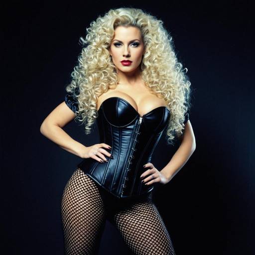 Blonde Woman in Black Corset and Fishnet Tights