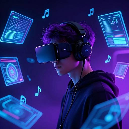 Photograph of a young man in a black hoodie, wearing VR headset and headphones, surrounded by neon blue and purple digital interfaces and musical notes.