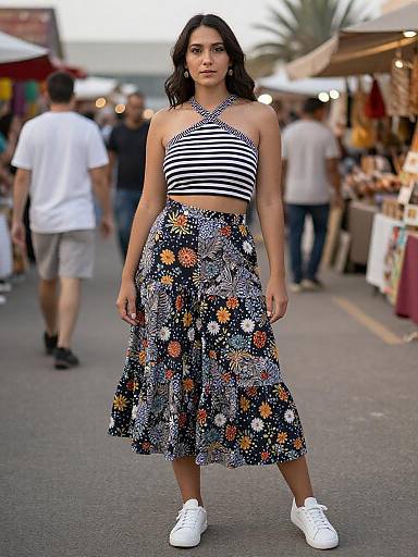 Photograph of a young woman with wavy dark hair, wearing a striped halter top and floral midi skirt, standing in a bustling outdoor market,