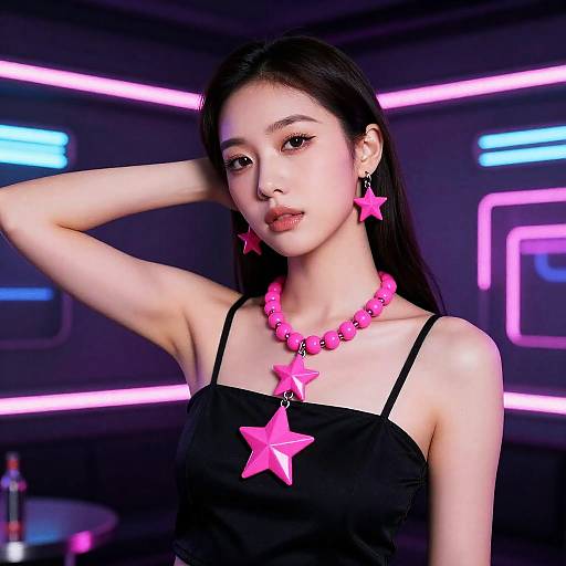 Woman Wearing Neon Pink Star Jewelry in Nightclub