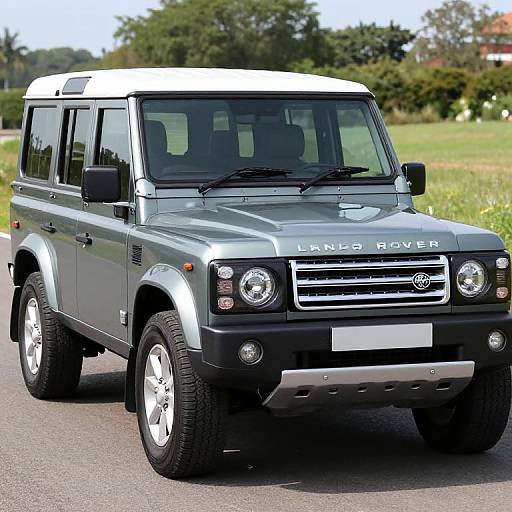 Photograph of a silver Land Rover Defender SUV with a white roof, driving on a paved road in a sunny, rural area.