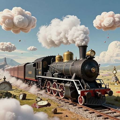 Digital illustration of a black steam locomotive with red wheels and billowing white clouds, traveling through a sunny, grassy landscape with vintage clock pieces scattered