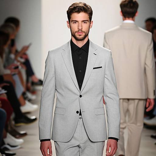 Photograph of a handsome, bearded man in a light gray suit, black shirt, and pocket square, walking down a fashion runway.