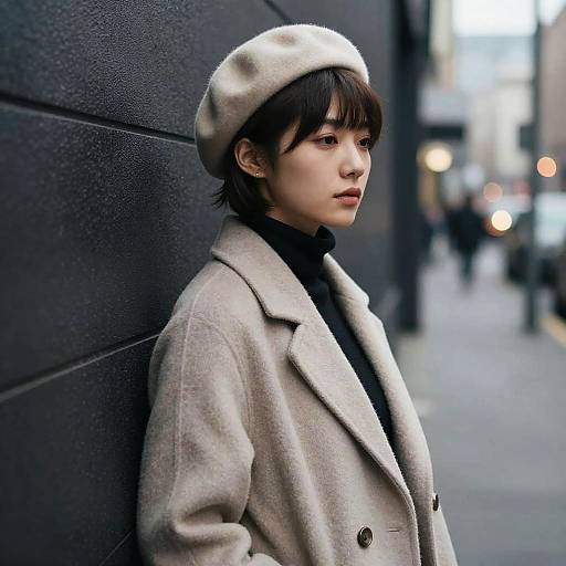 Photograph of a young Asian woman with short black hair, wearing a beige beret and coat, standing against a dark brick wall on a blurred city
