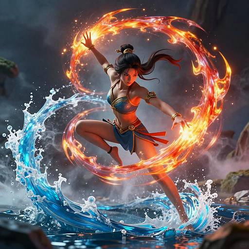 Digital artwork of a fierce, dark-haired woman with fire and water elements, mid-leap, creating a fiery ring around a blue water splash in a