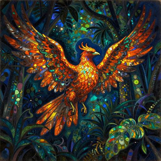 Vibrant digital painting of a fiery, multicolored phoenix with glowing feathers soaring through a lush, dark jungle filled with neon lights and tropical plants