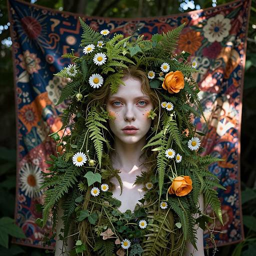 Photograph of a pale, red-haired woman with blue eyes, wearing a floral crown of white daisies and orange roses, set against a colorful