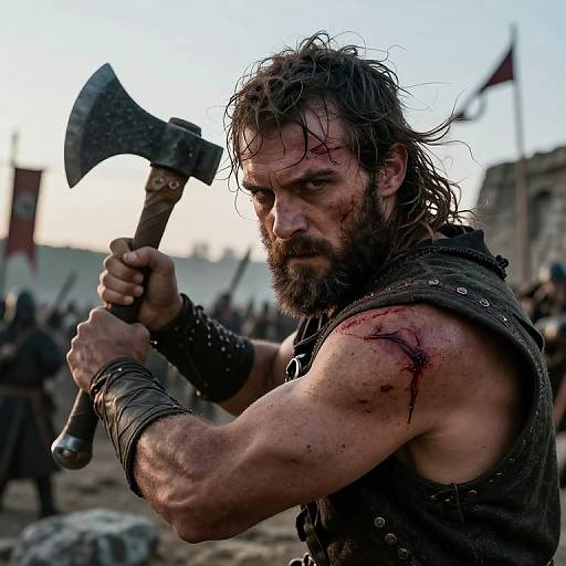 Photograph of a rugged, bearded man with dirty, wet hair, holding a large, blood-stained battle axe, with a determined expression,
