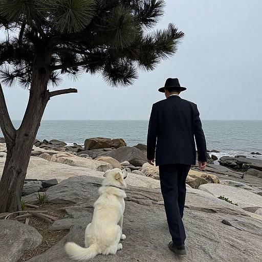 Mysterious Man and Dog by the Coast