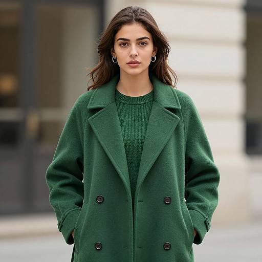 Photograph of a serious, dark-haired woman in a green, double-breasted coat over a green knit sweater, standing outdoors with hands in pockets.