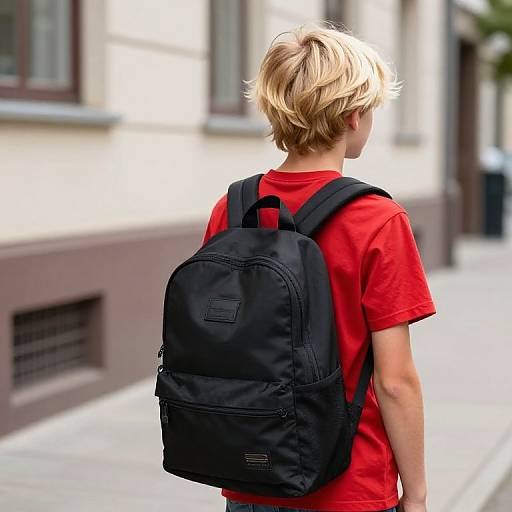 Blonde Boy with Backpack on Sidewalk