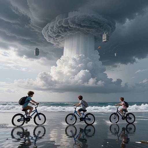 Photograph-style digital artwork: Three children on blue bicycles ride on a wet beach, reflecting in sand, under a dramatic, cloudy sky with a massive