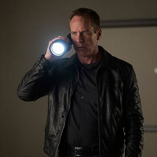 Photograph of a middle-aged man with short brown hair, wearing a black leather jacket and black shirt, holding a flashlight to his ear in a dim