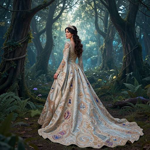 Photorealistic digital art of a fair-skinned woman with long dark hair, wearing an ornate, long-sleeved, silver gown with gold