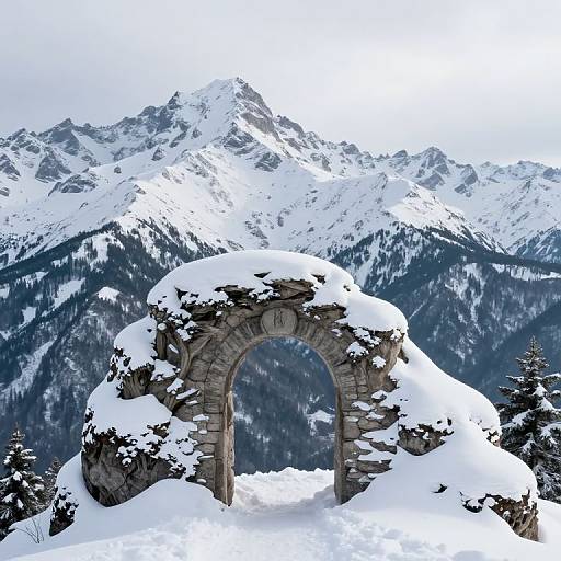 Snow-covered stone archway in a mountainous landscape, surrounded by towering, snowy peaks and evergreen trees. Photograph.