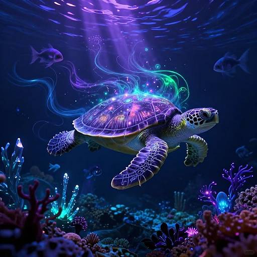 Glowing sea turtle swims through vibrant, bioluminescent underwater coral reef, surrounded by neon fish, with radiant blue and purple light beams.