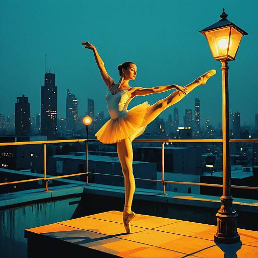 Ballet Dancer on Urban Rooftop at Night