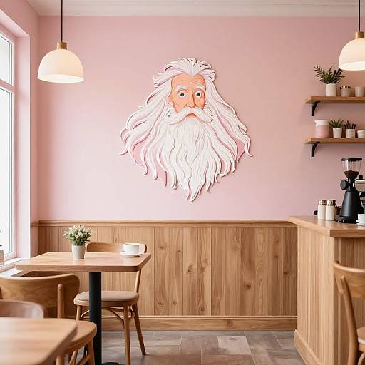 Cozy café with wooden wainscot, pink walls, whimsical white-bearded cartoon face wall decal, wooden chairs, table, pendant lights
