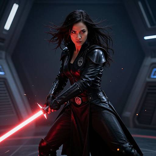 CGI image of a fierce, dark-haired woman in black leather armor wielding a glowing red lightsaber in a futuristic, dimly-lit corridor.