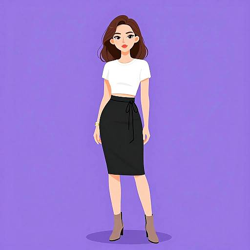 Digital illustration of a fair-skinned woman with brown hair, wearing a white crop top, black skirt, and brown ankle boots, standing against a solid