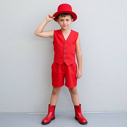 Photograph of a young boy in vibrant red outfit: vest, shorts, boots, and hat, standing against a white textured wall.