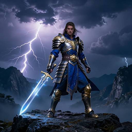 Epic fantasy artwork: Muscular man with long brown hair in gold and blue armor, holding glowing blue sword, stands on rocky terrain under a storm