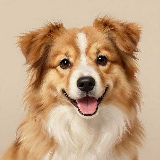 Photograph of a happy, fluffy, medium-sized Australian Shepherd dog with brown, white, and tan fur, black nose, and open mouth, against