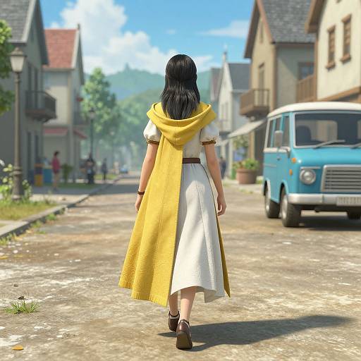 Digital art: Back view of a woman with black hair, white dress, yellow scarf, walking down a sunny, cobblestone village street with blue