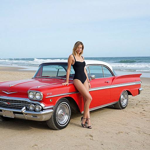 Photograph of a blonde woman in a black one-piece swimsuit and high heels, leaning against a red vintage car on a sandy beach with the ocean