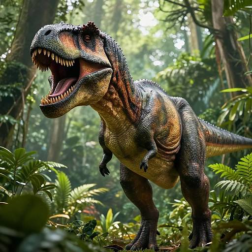 Photorealistic CGI image of a roaring, detailed, green and orange dinosaur with sharp teeth in a lush, sunlit jungle.