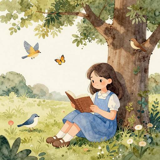 Girl Reading Under a Tree in Watercolor