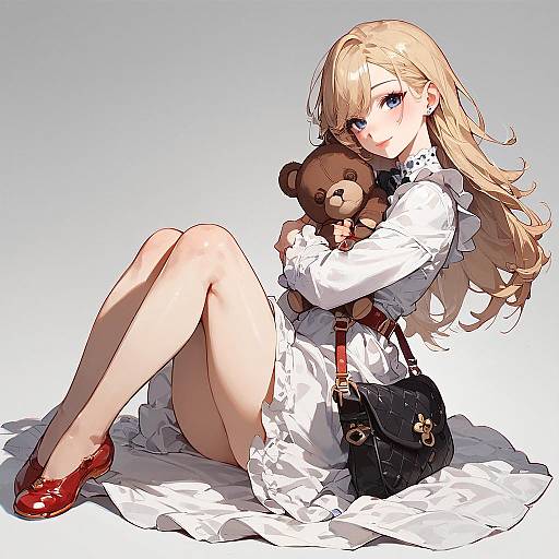 Charming Anime Girl with Teddy Bear