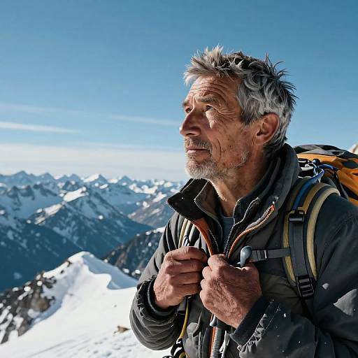 Photograph of a rugged, gray-haired man with a beard, wearing a dark jacket and backpack, standing on a snowy mountain peak, gazing at