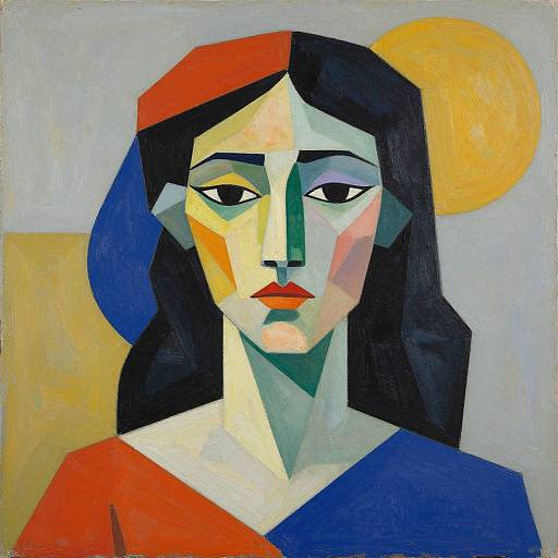 Cubist-style painting of a woman with geometric facial features, red and blue clothing, black hair, and yellow sun halo in background.