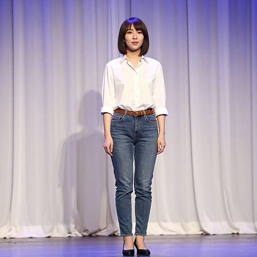 Photograph of an Asian woman with shoulder-length black hair, wearing a white button-up shirt, blue jeans, brown belt, and black flats, standing