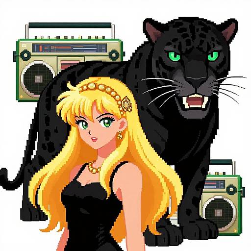 Pixel art of a blonde woman with green eyes, wearing a black dress and gold accessories, standing in front of a fierce black panther and retro stere