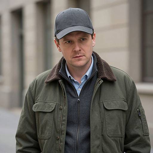 Man in Green Jacket and Gray Hat