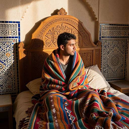Photograph of a young man with short dark hair, wrapped in a colorful, striped blanket, sitting on a wooden bed with intricate carvings,