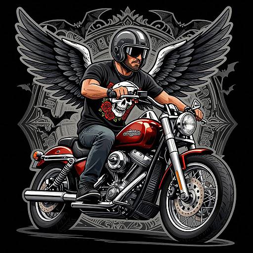Digitally illustrated male biker with black wings, helmet, and sunglasses on a red motorcycle, wearing black shirt and jeans. Bold, dark background.