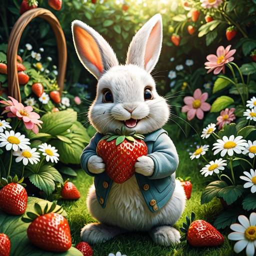 Joyful Rabbit in a Strawberry Garden