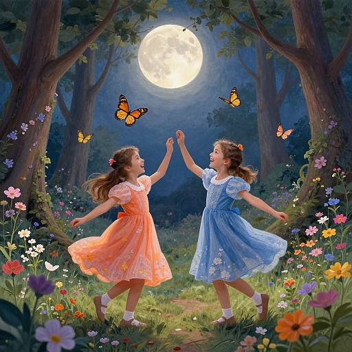 Two young girls in orange and blue dresses, dancing under a full moon in a magical forest, surrounded by colorful flowers and butterflies.