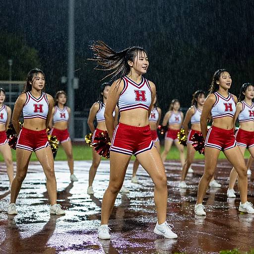 Photograph of Asian cheerleaders in rain, wearing white crop tops and red shorts, holding pom-poms, smiling, with wet track surface.